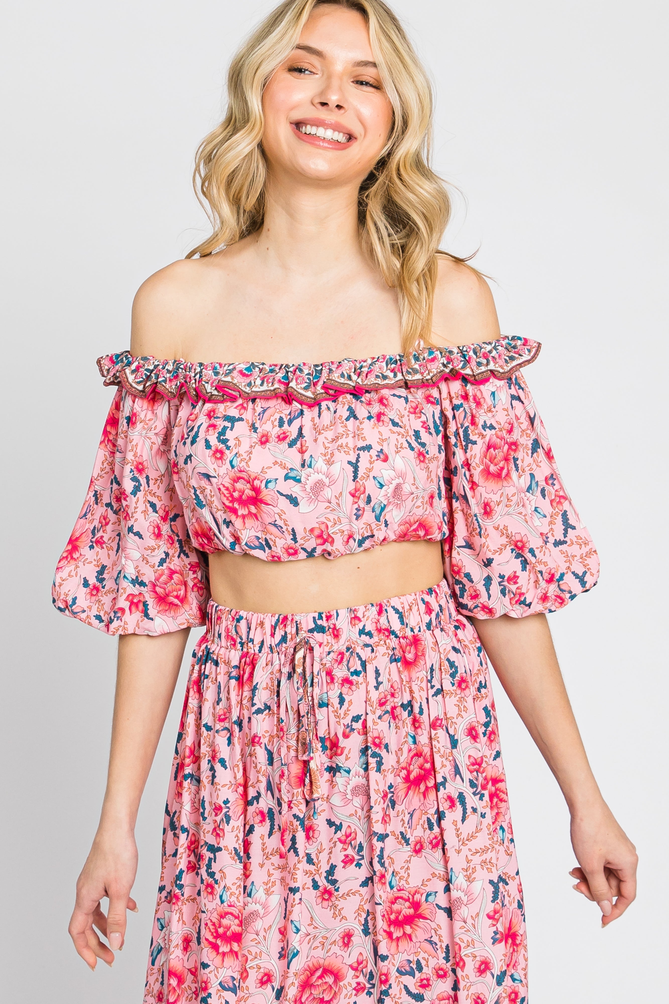 Pink Floral Off Shoulder Maxi Skirt Set PinkBlush
