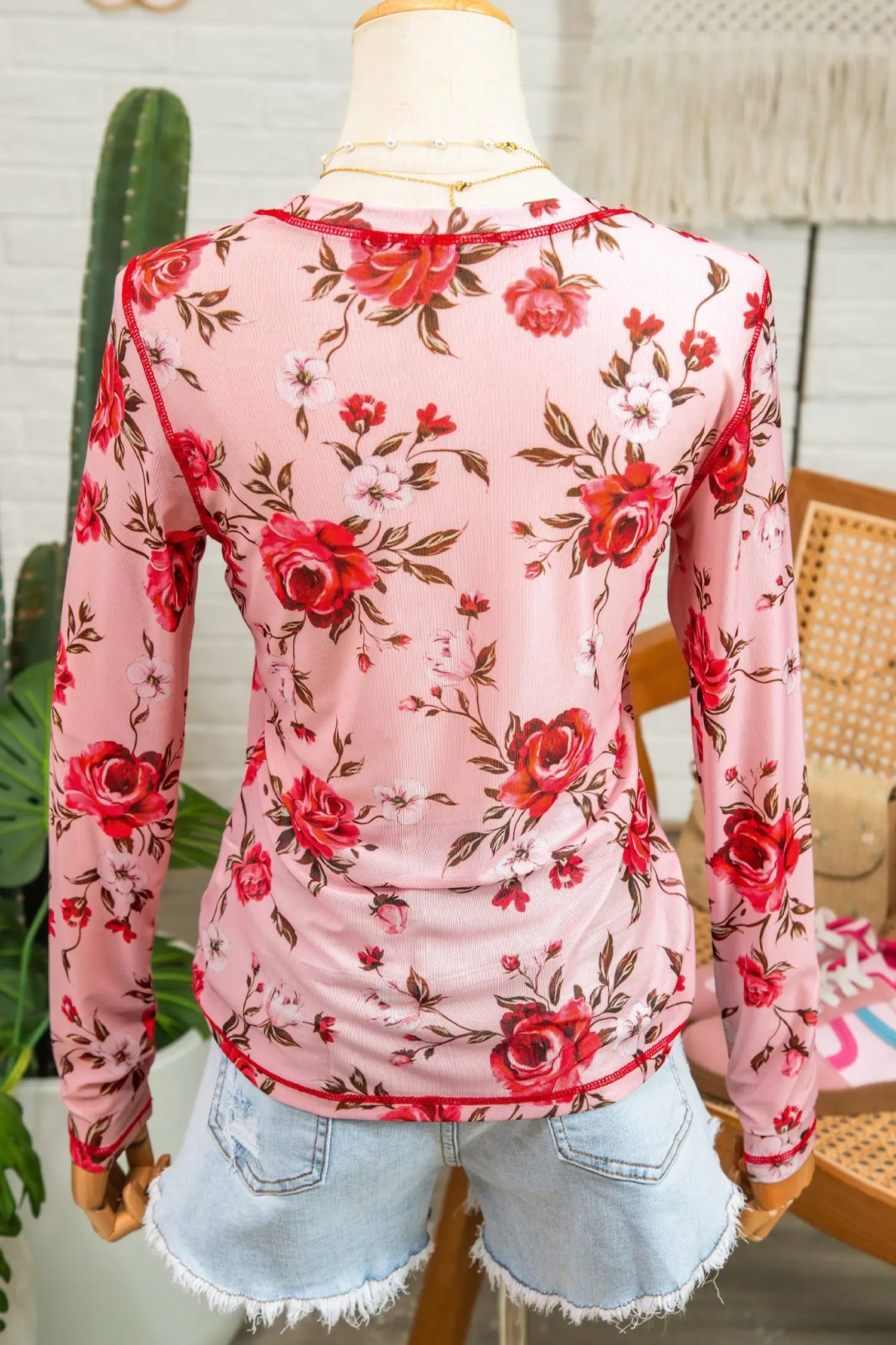 Pink Floral Print Mesh Long Sleeve Top With Exposed Seam Detail Dear-Lover Dropshipping