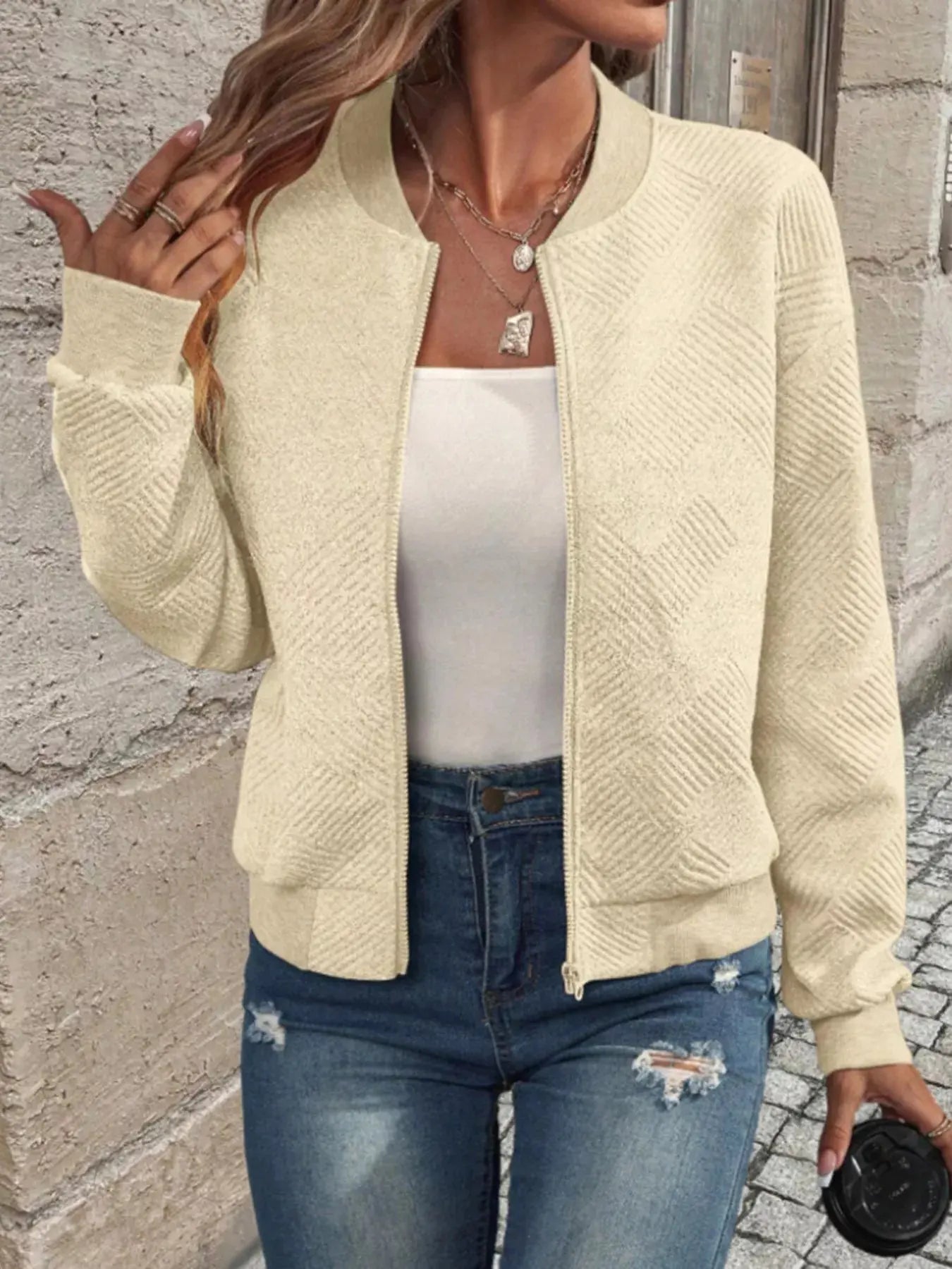 Textured Knit Zip-Up Bomber Jacket Simply Love