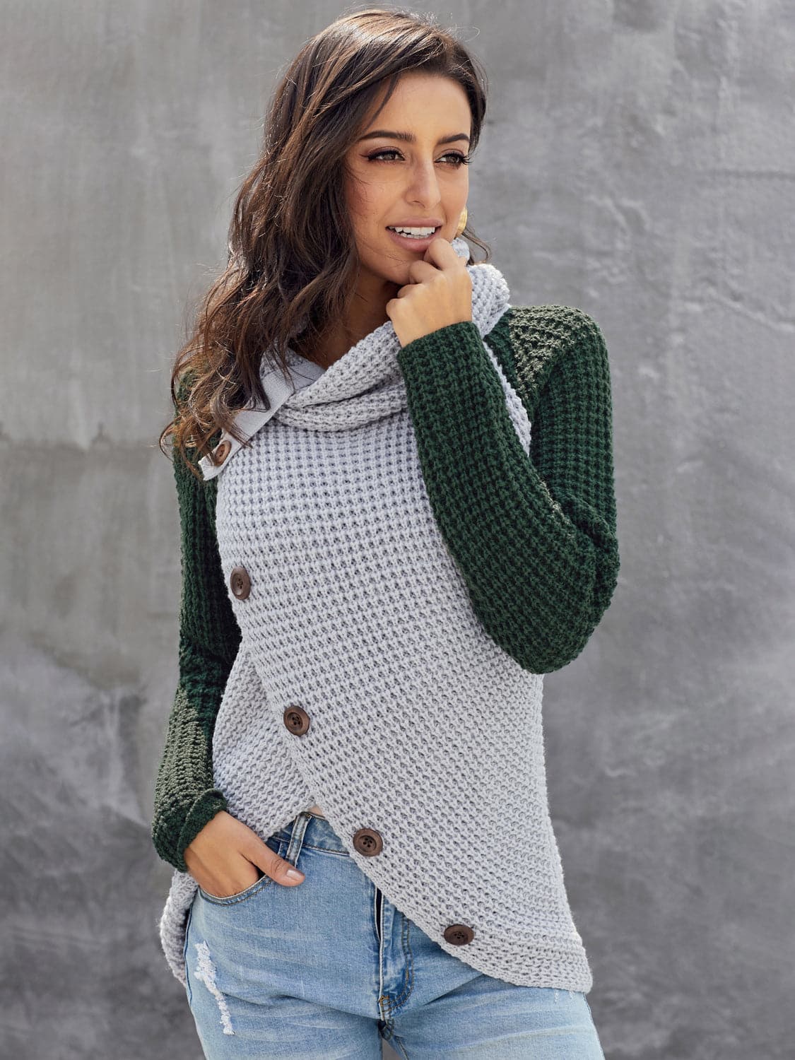 Contrast Decorative Button Turtleneck Sweater.