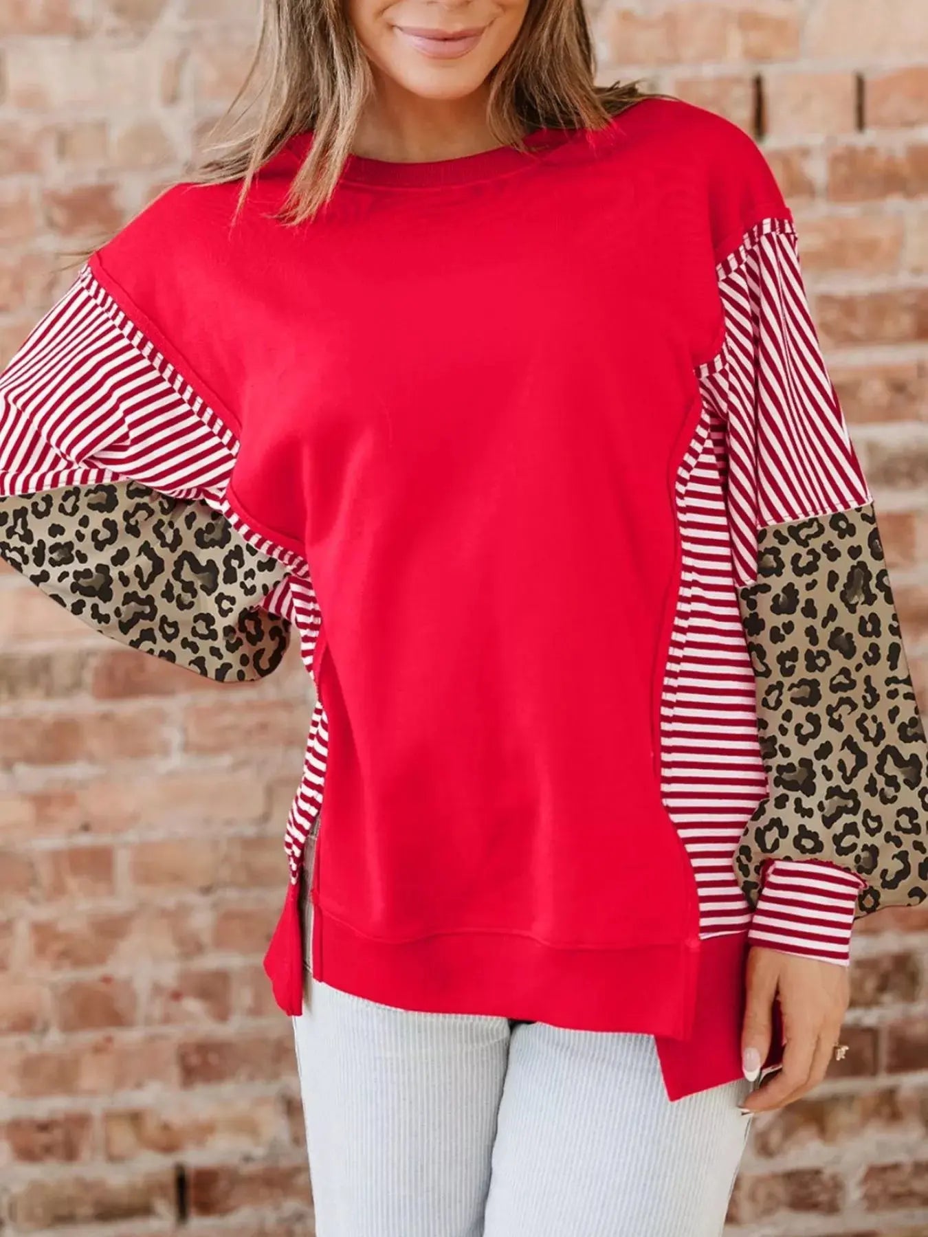 Striped Patchwork Sleeve Colorblock Sweatshirt Simply Love