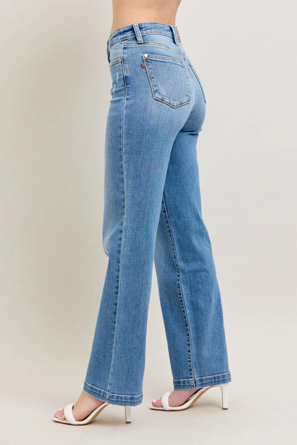 Judy Blue Plus Size High Waist Straight Leg Jeans in Medium Blue Wash - Love Salve 