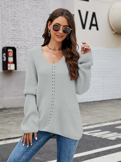 Openwork Dropped Shoulder Long Sleeve Sweater.