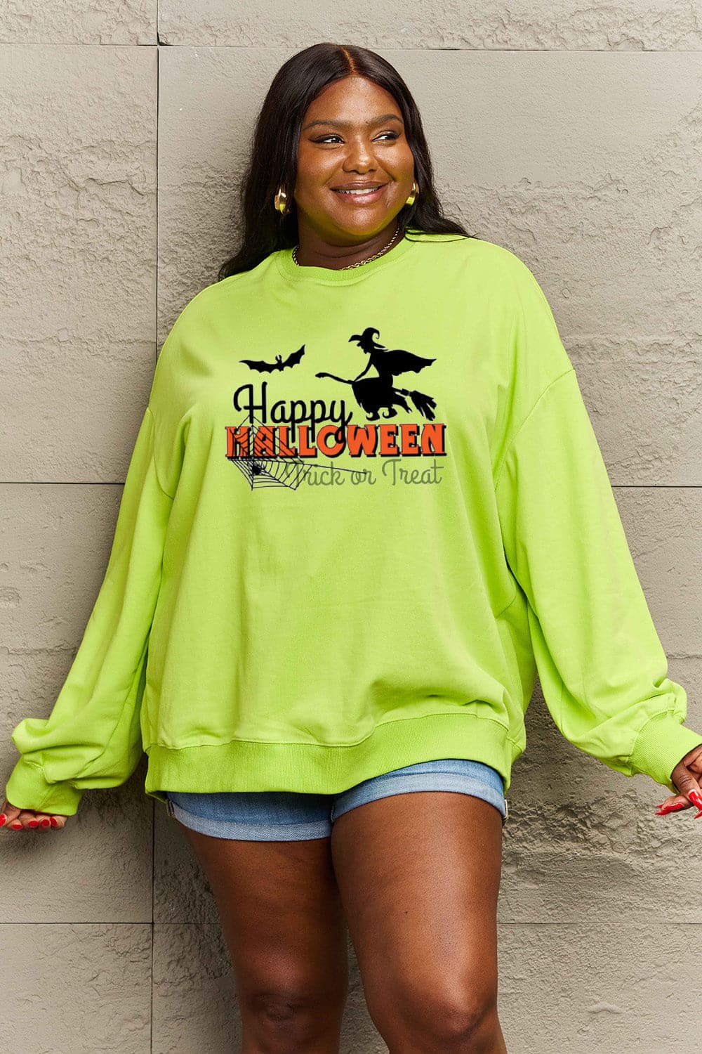 Simply Love Full Size HAPPY HALLOWEEN TRICK OR TREAT Graphic Sweatshirt.