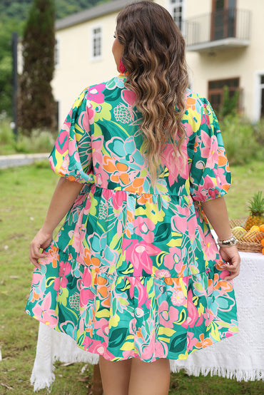 Floral green puff sleeve tiered shirt dress for a chic look