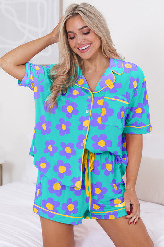 Green Flower Print Short Sleeve Shirt Pajamas Set for Women