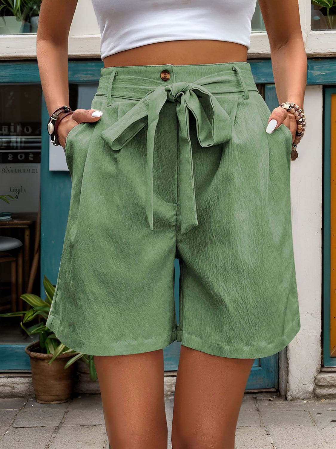 Tied High Waist Shorts with Pockets.