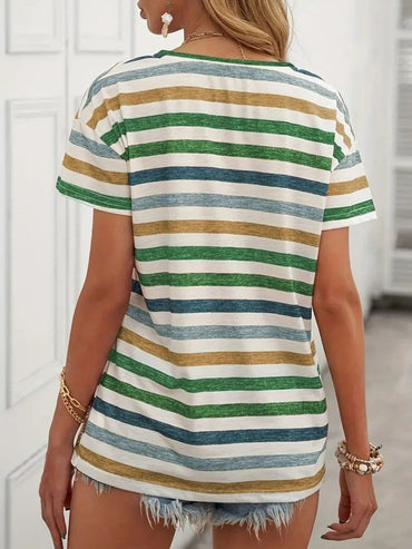 Striped Round Neck Short Sleeve T-Shirt.