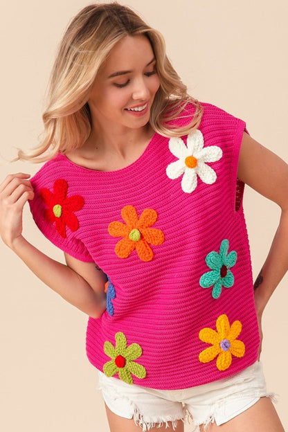 BiBi Flower Round Neck Cap Sleeve Knit Top.