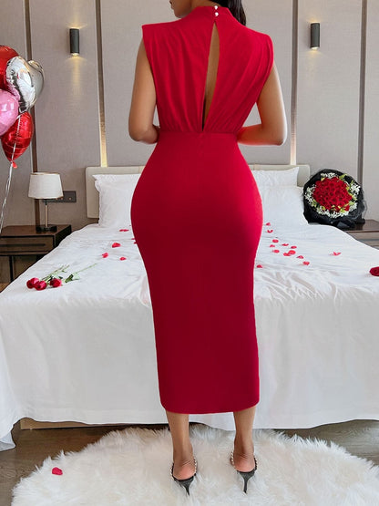 Cutout Slit Mock Neck Sleeveless Dress.