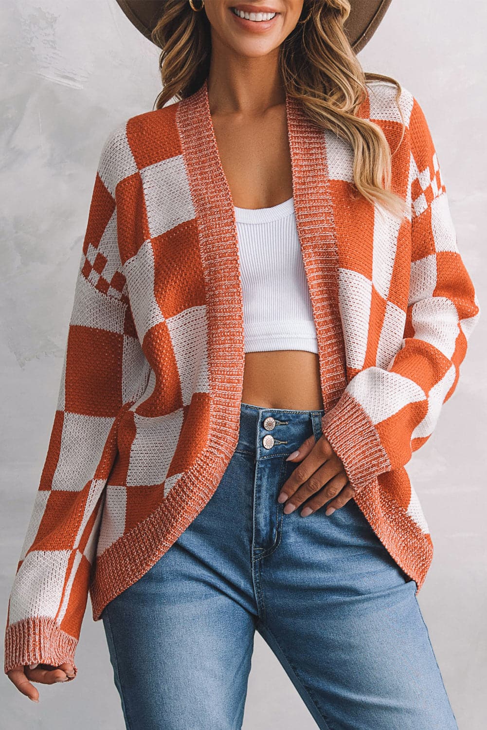 Plaid Open Front Dropped Shoulder Cardigan.