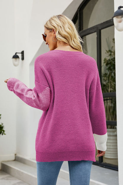 Color Block Round Neck Sweater.