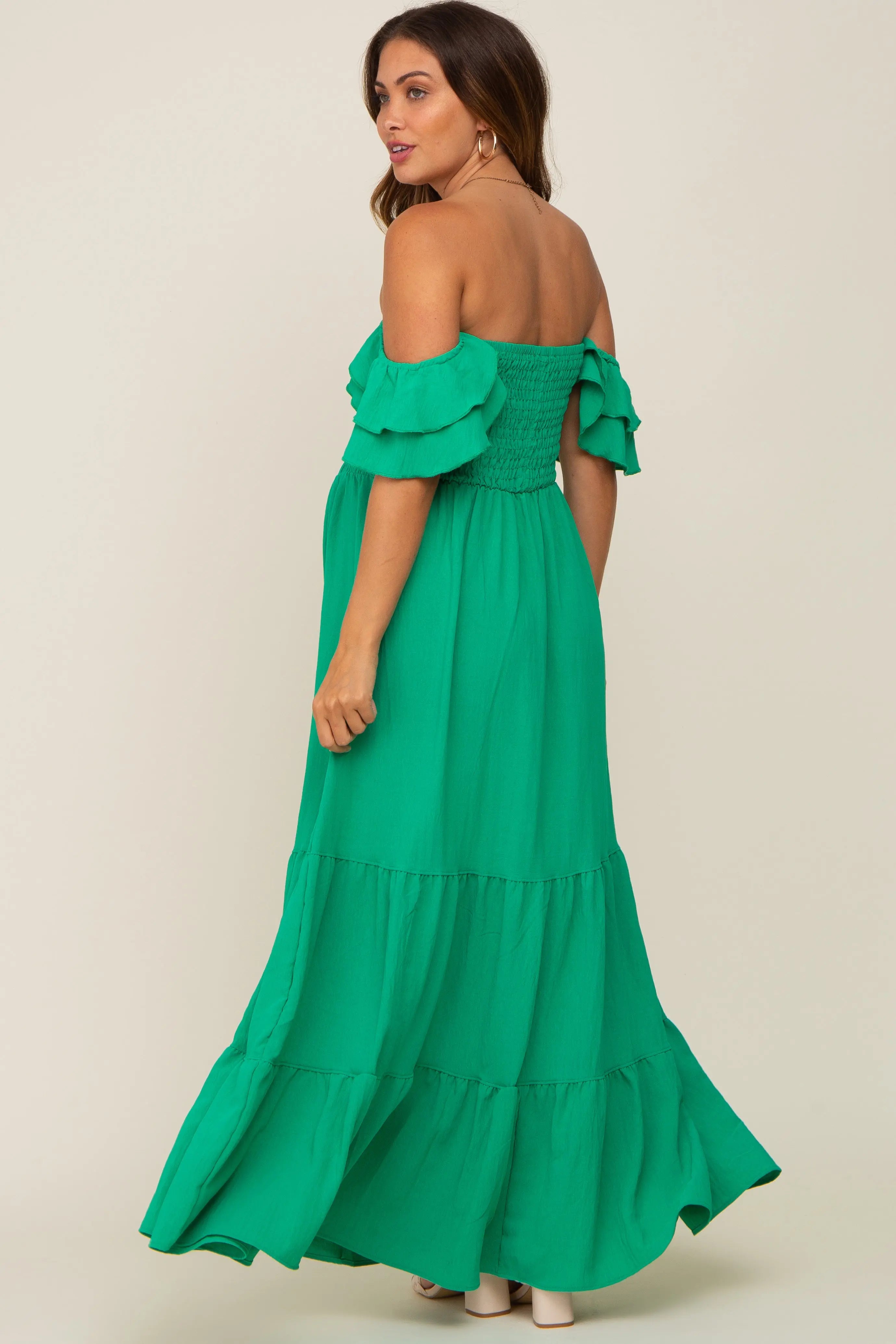 Green Smocked Ruffle Off Shoulder Tiered Maternity Maxi Dress PinkBlush
