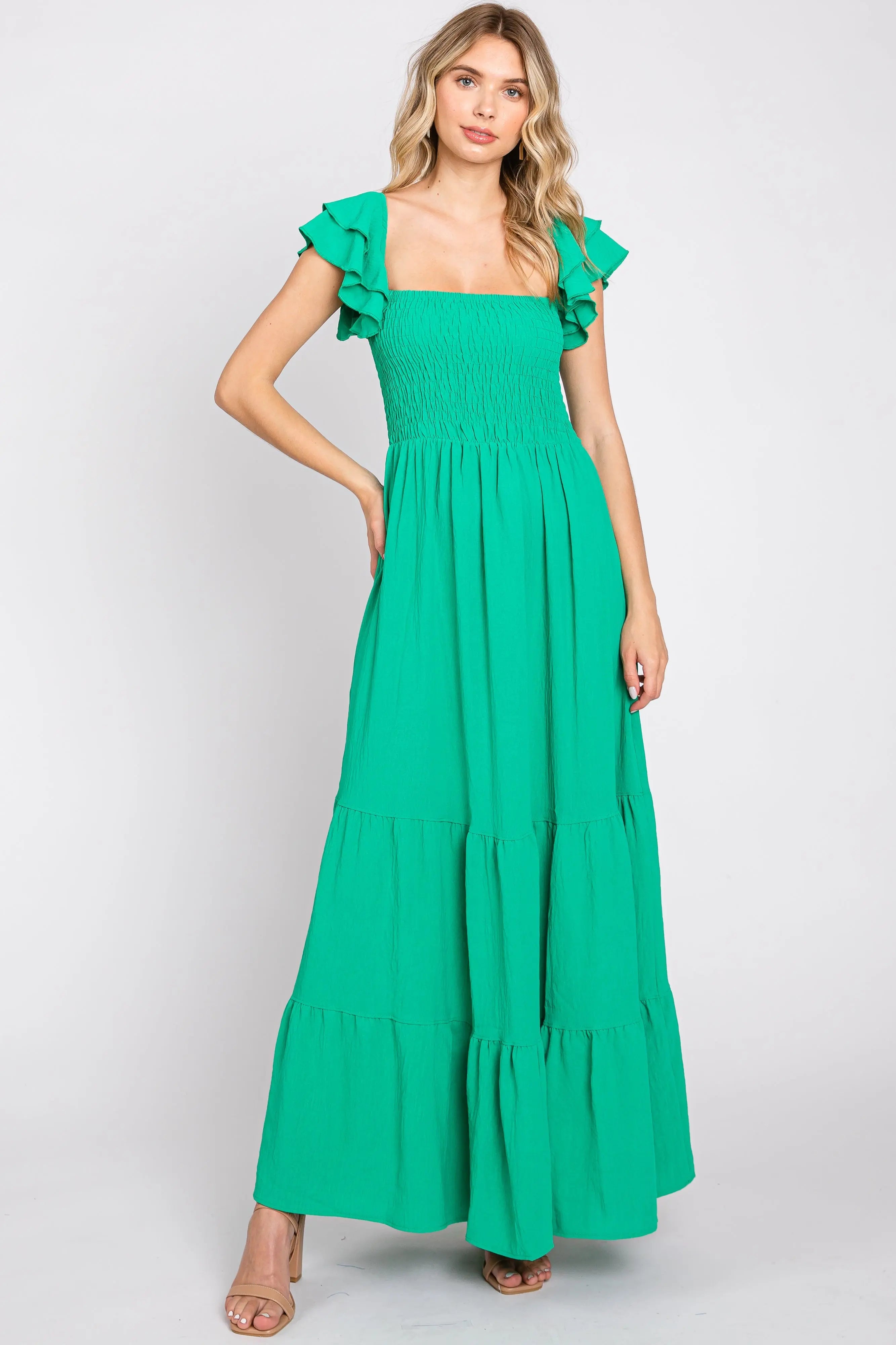 Green Smocked Ruffle Off Shoulder Tiered Maternity Maxi Dress PinkBlush