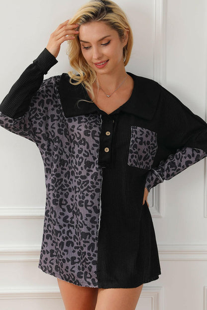 Half Button Leopard Collared Neck Blouse.