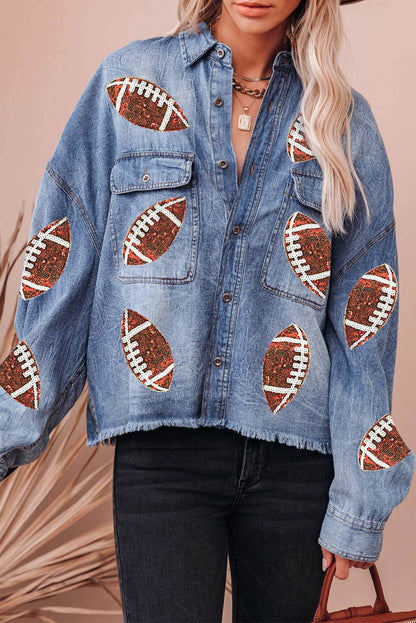 Raw Hem Sequin Football Long Sleeve Denim Jacket.