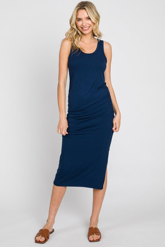 Navy Ribbed Sleeveless Ruched Side Slit Midi Dress PinkBlush