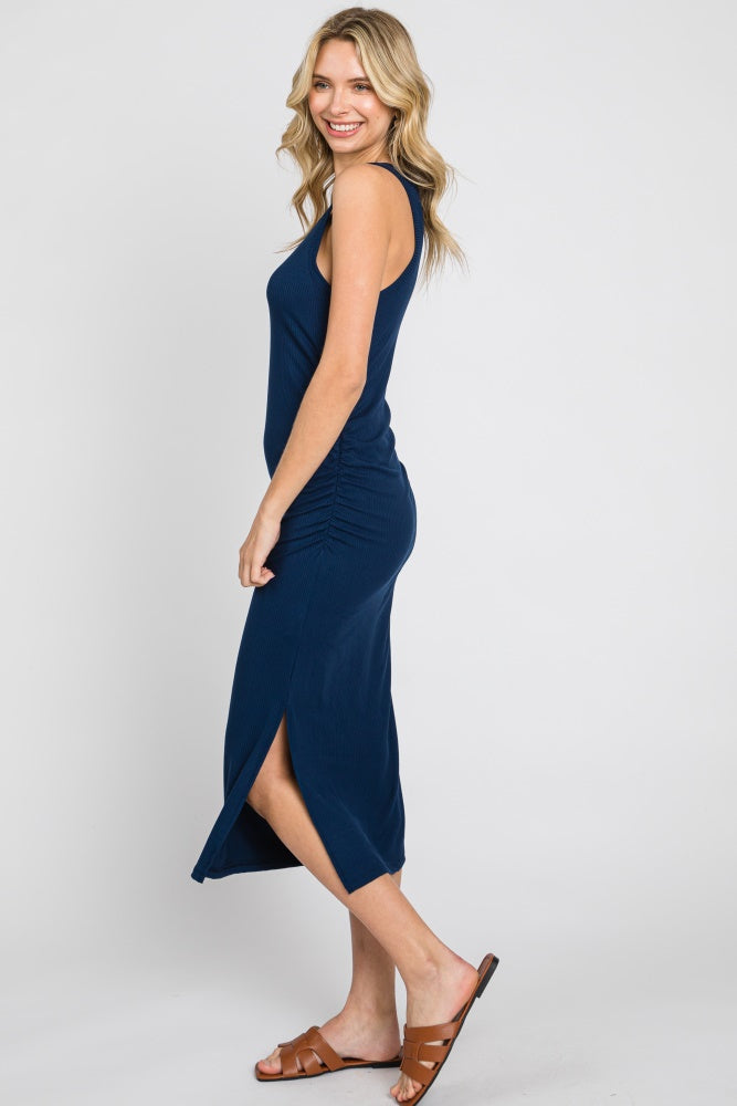 Navy Ribbed Sleeveless Ruched Side Slit Midi Dress PinkBlush