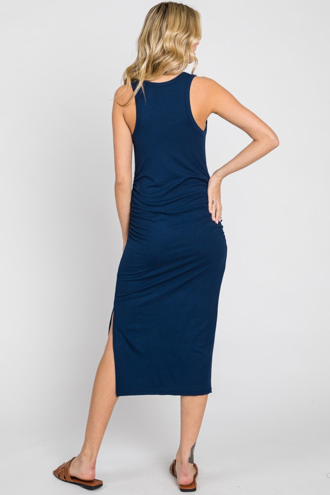 Navy Ribbed Sleeveless Ruched Side Slit Midi Dress PinkBlush