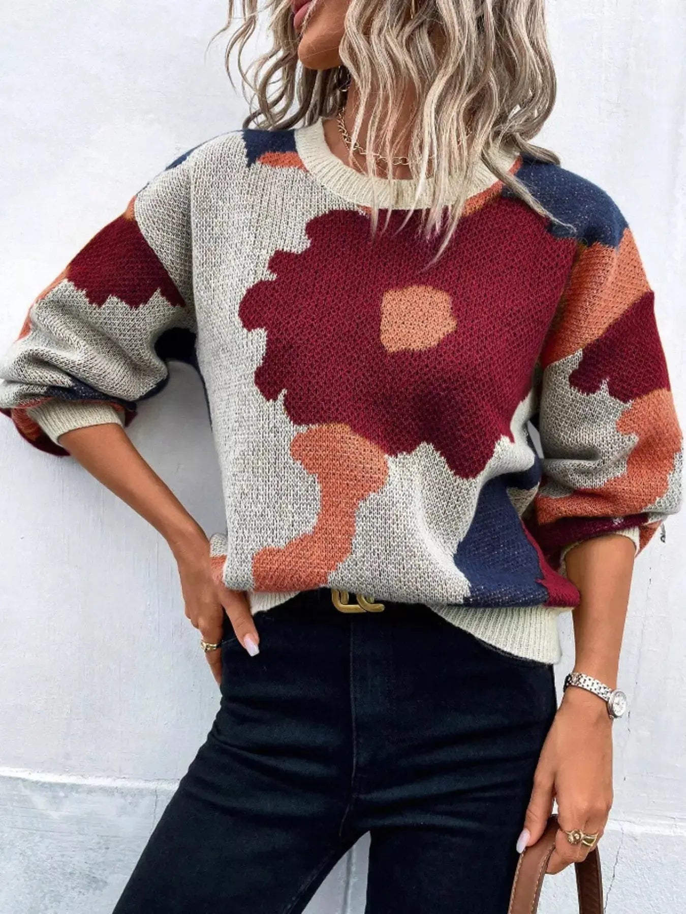 Floral Pattern Round Neck Sweater Simply Love