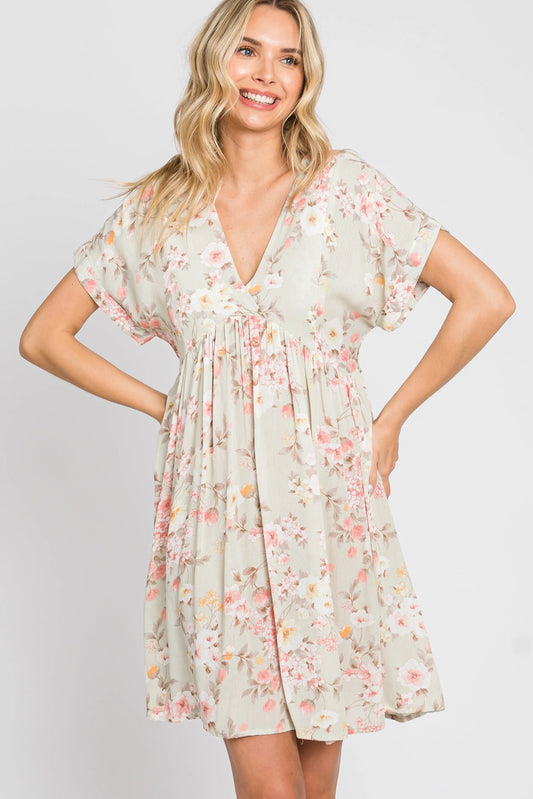 Light Olive Floral V-Neck Short Sleeve Dress PinkBlush