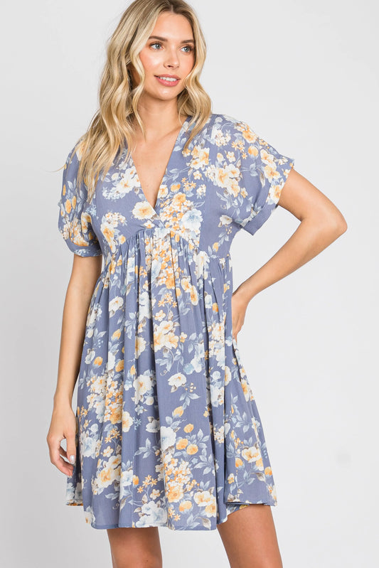 Blue Floral V-Neck Short Sleeve Dress PinkBlush