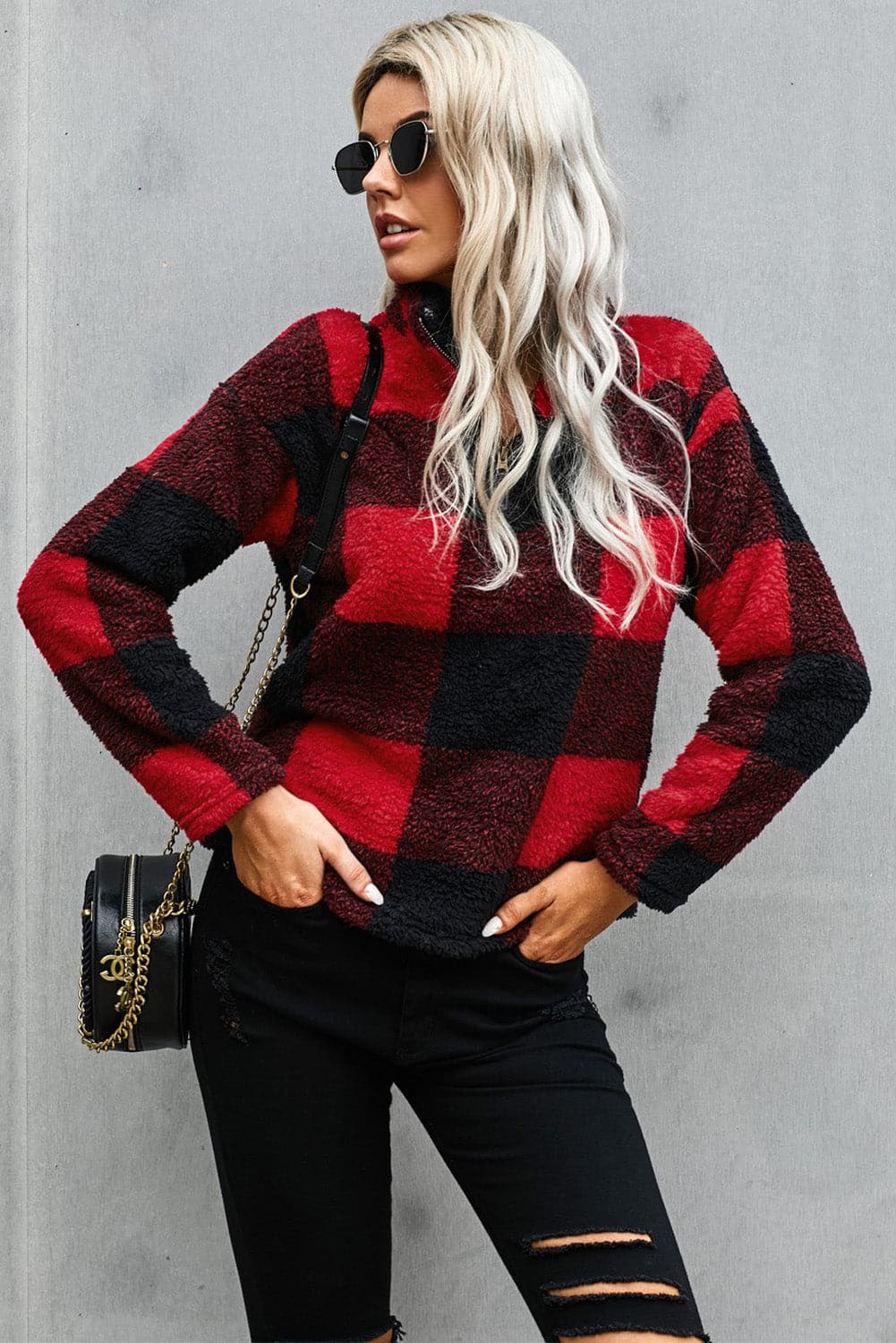 Half Zip Plaid Turtleneck Sweatshirt.