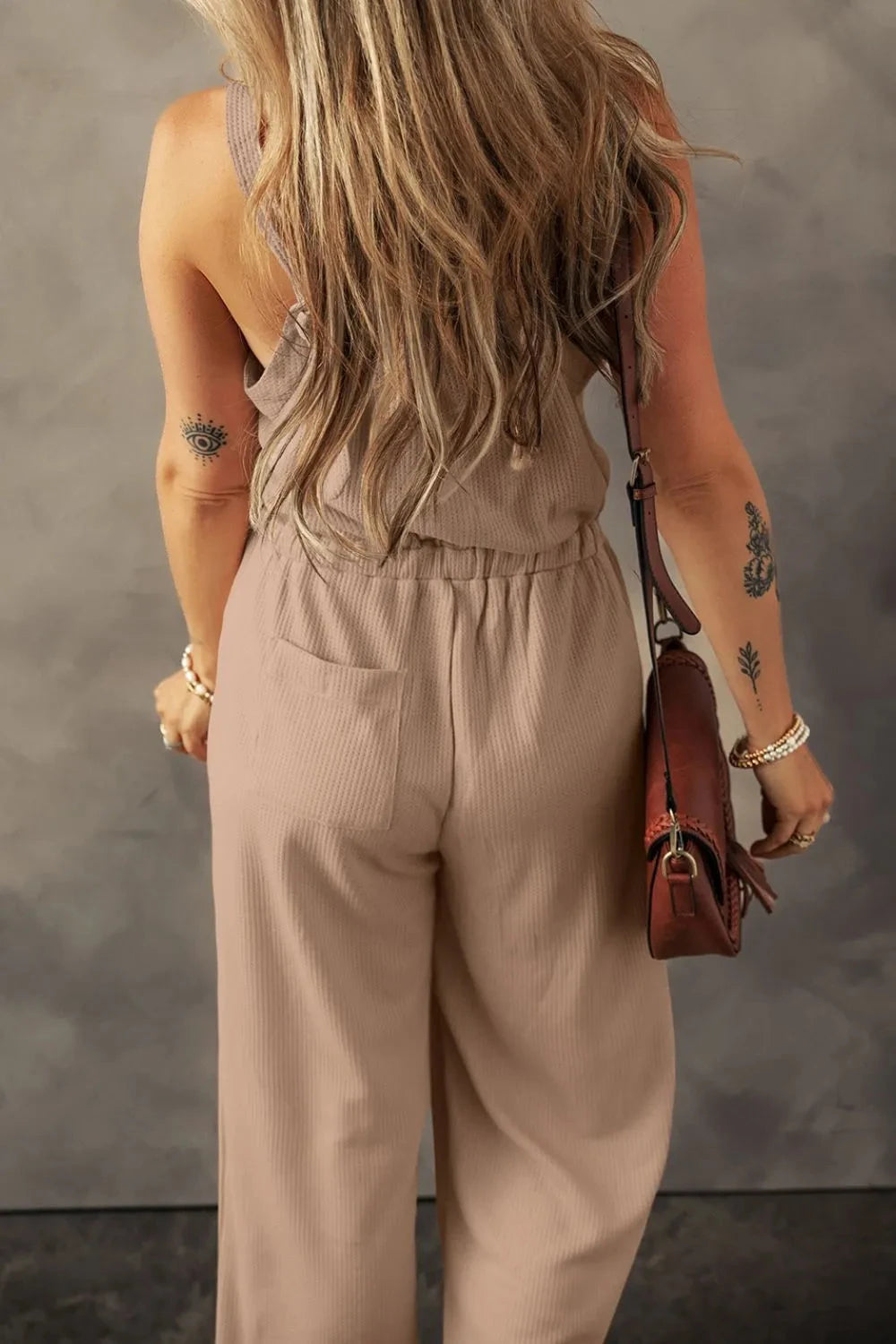 Knotted Straps Button Textured Drawstring Jumpsuit Simply Love