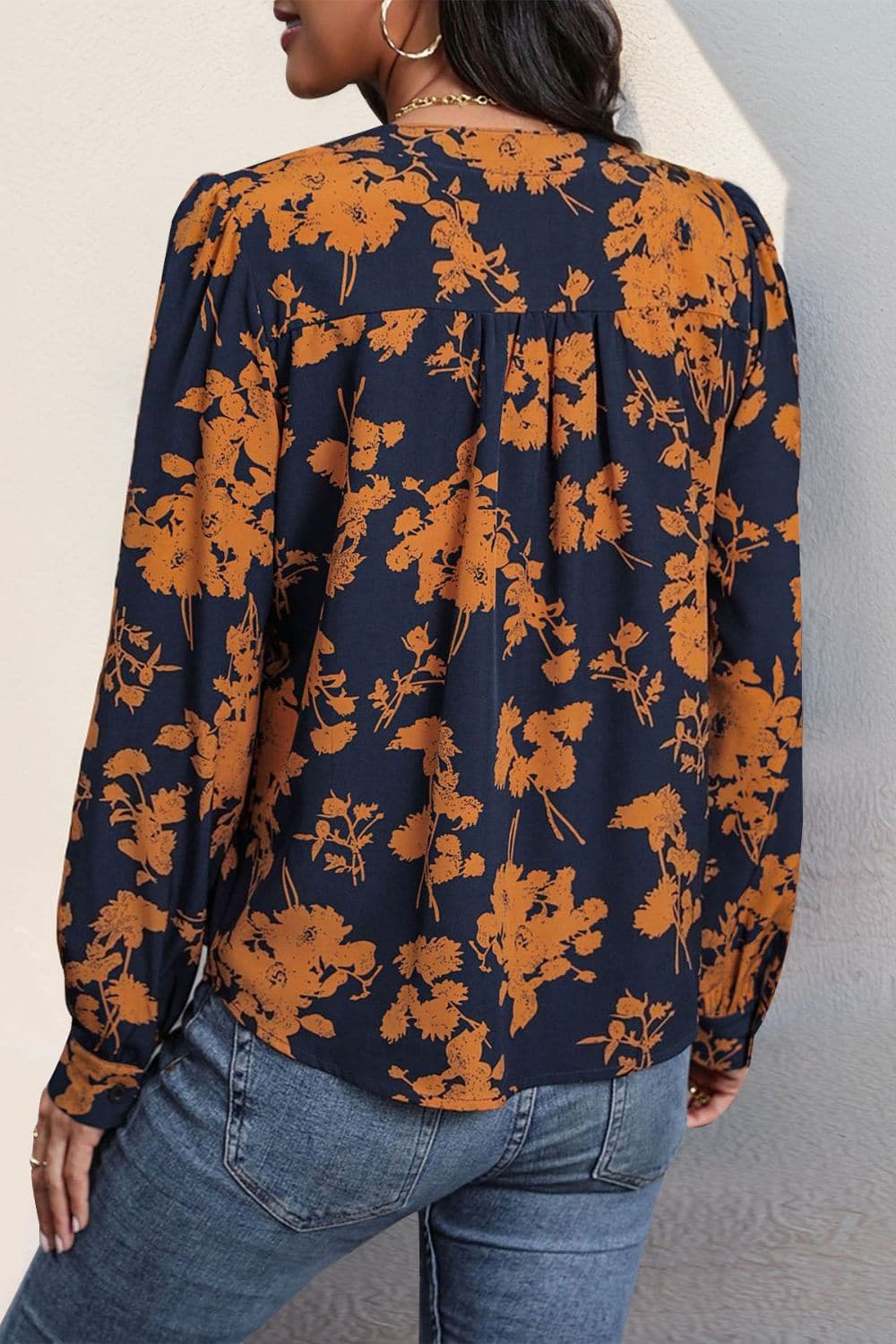 Printed Notched Long Sleeve Blouse.