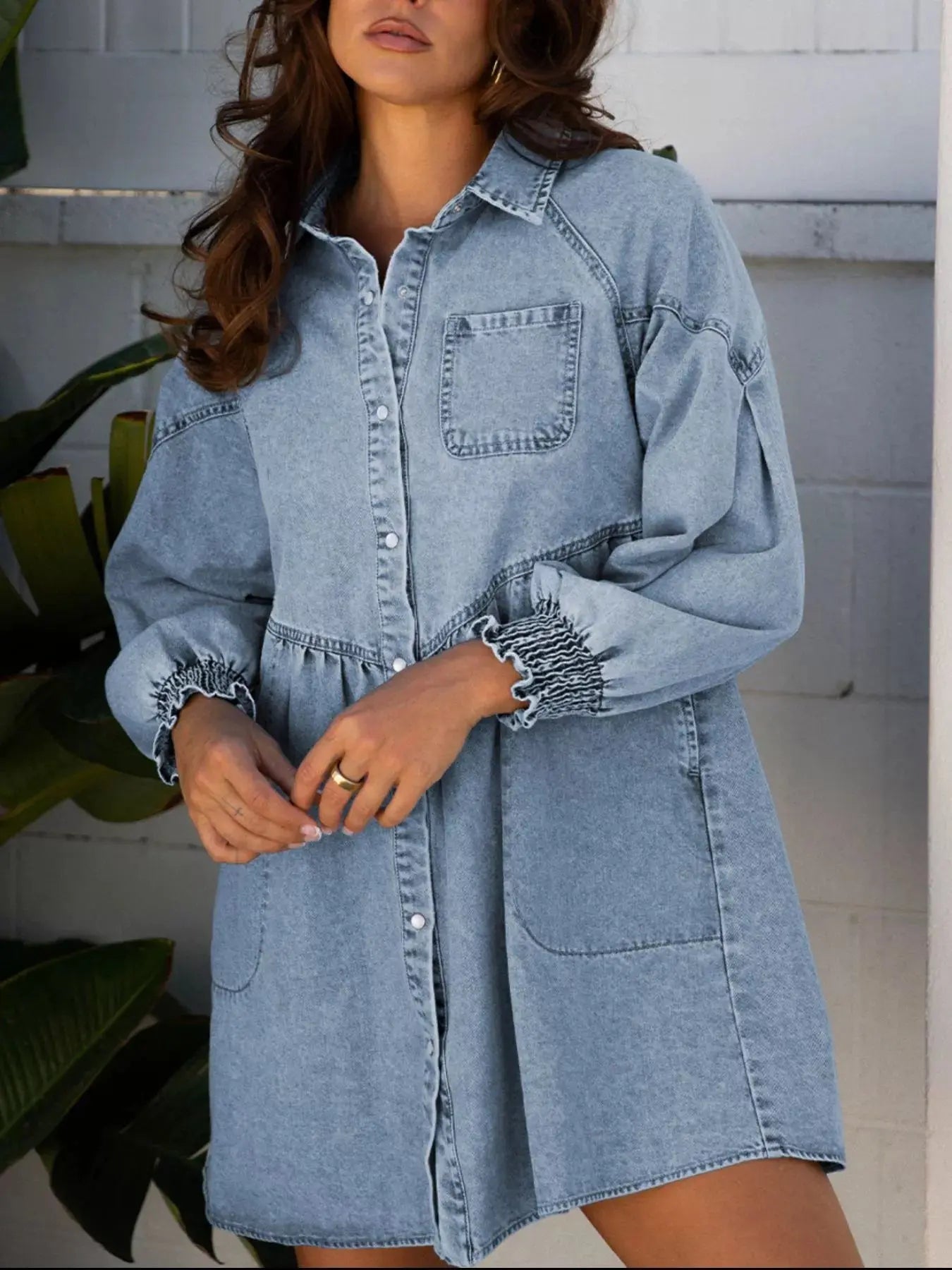 Smocked Cuffs Flared Denim Shirt Mini Dress Simply Love
