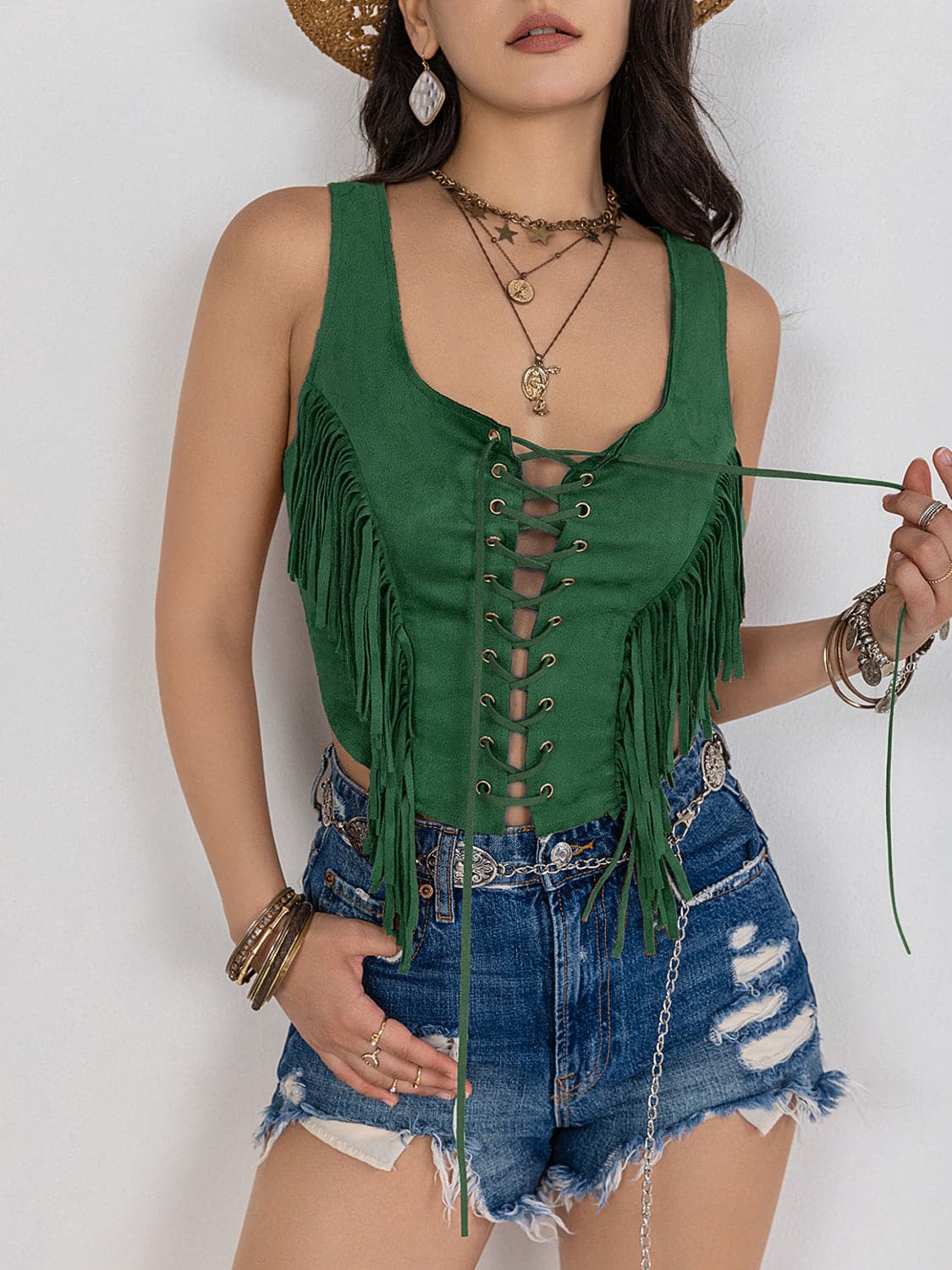 Fringe Lace-Up Wide Strap Tank.