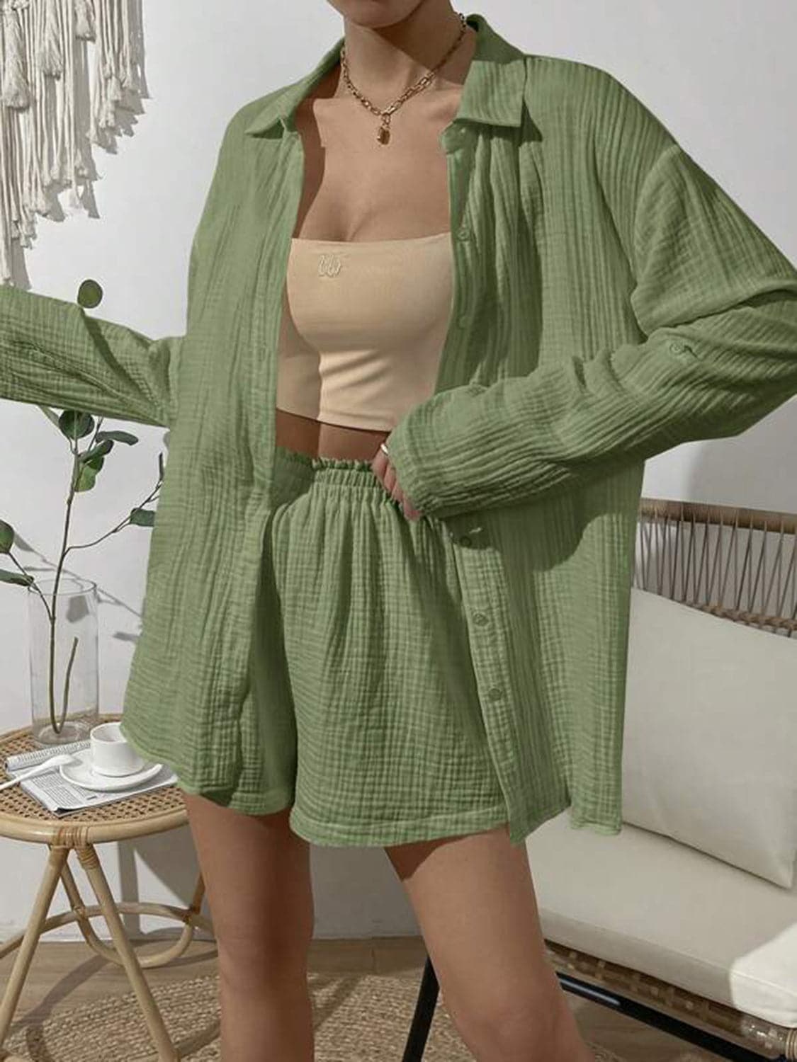 Dropped Shoulder Button Up Top and Elastic Waist Shorts Set.