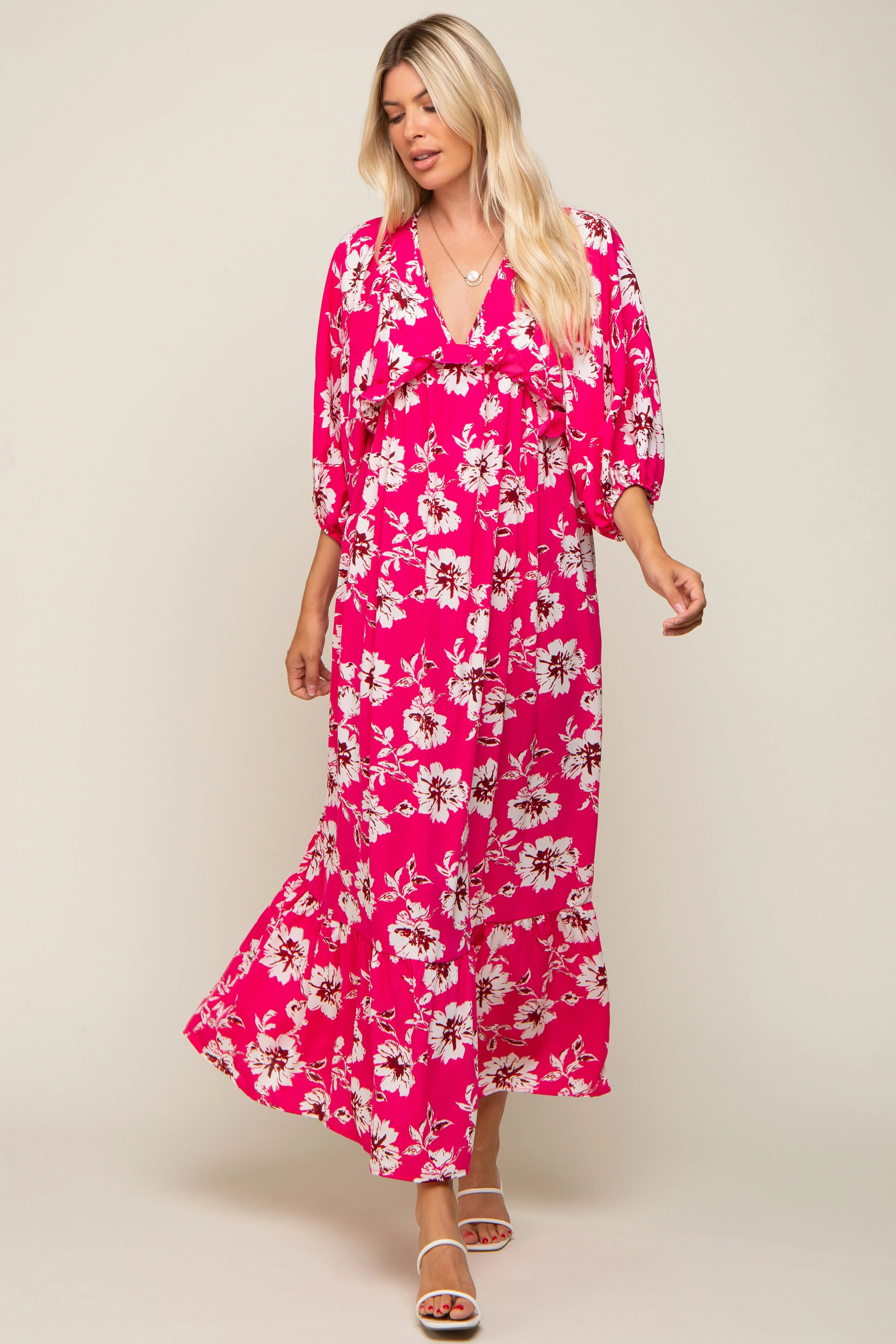 Fuchsia Floral V-Neck Dolman 3/4 Sleeve Midi Dress PinkBlush