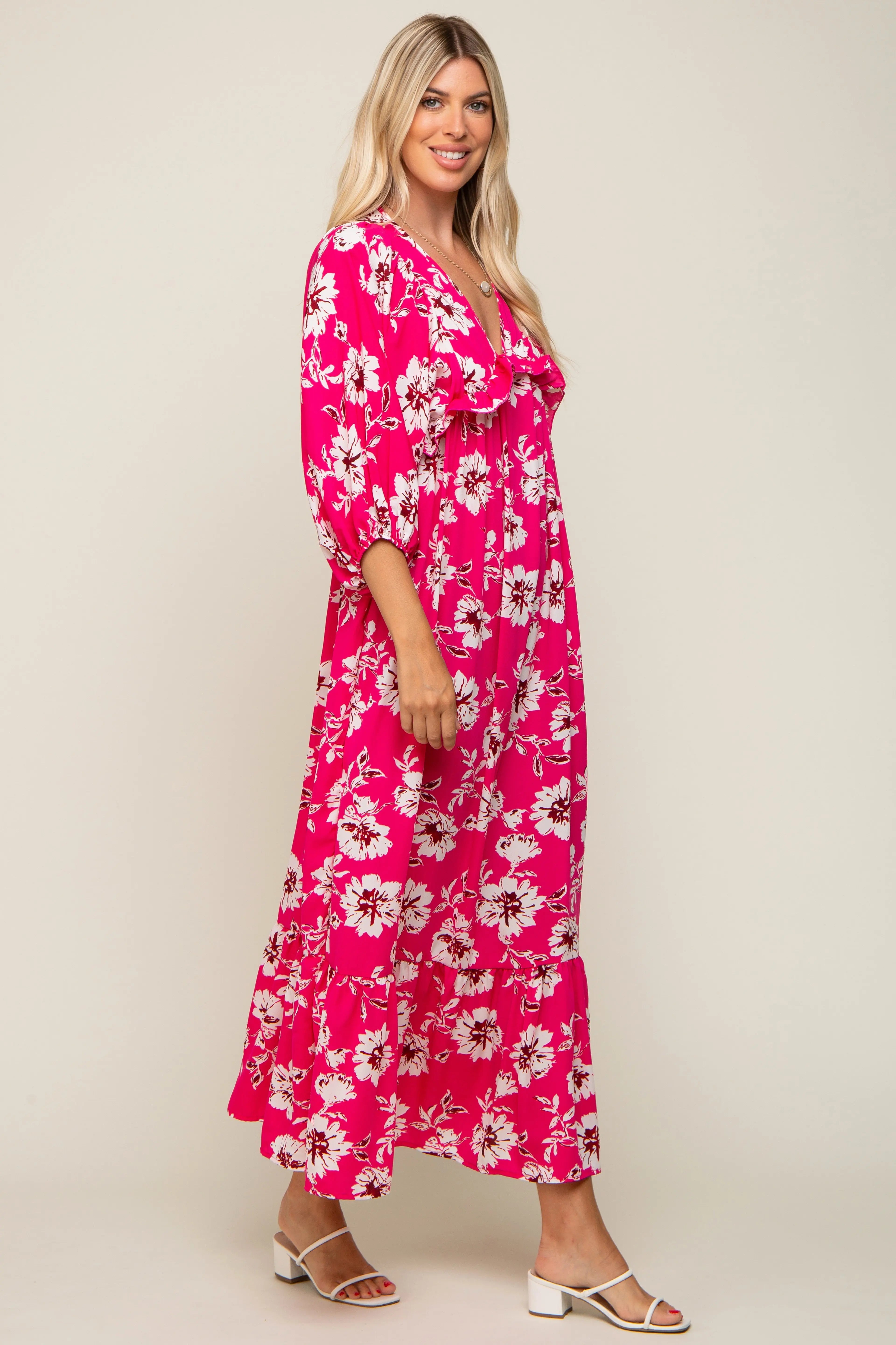 Fuchsia Floral V-Neck Dolman 3/4 Sleeve Midi Dress PinkBlush