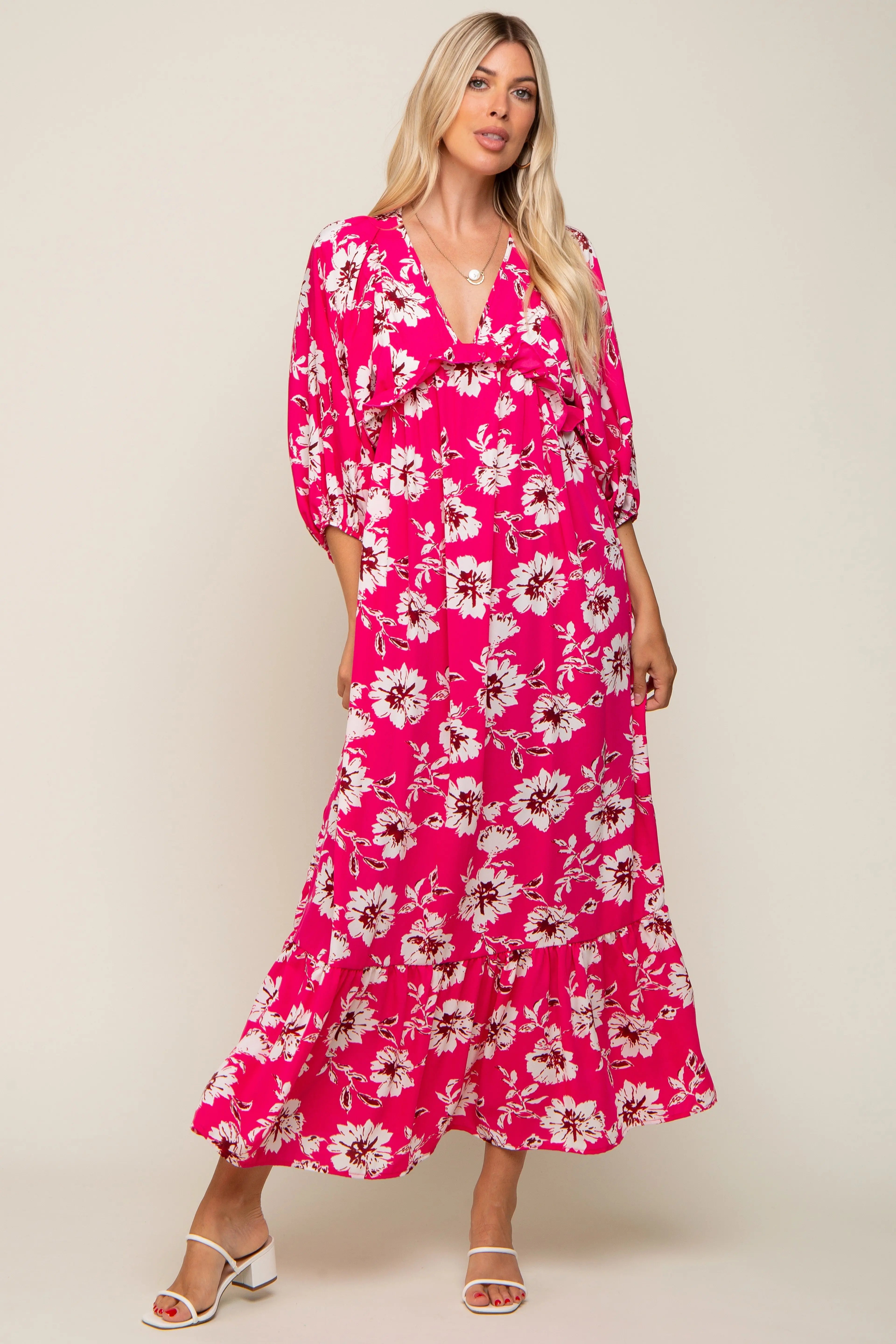 Fuchsia Floral V-Neck Dolman 3/4 Sleeve Midi Dress PinkBlush