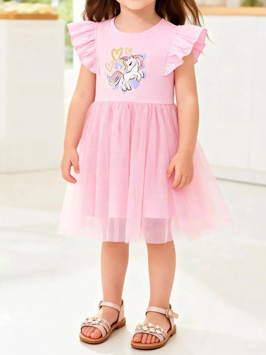 Children's Unicorn Graphic Ruffle Sleeve Tulle Dress Simply Love