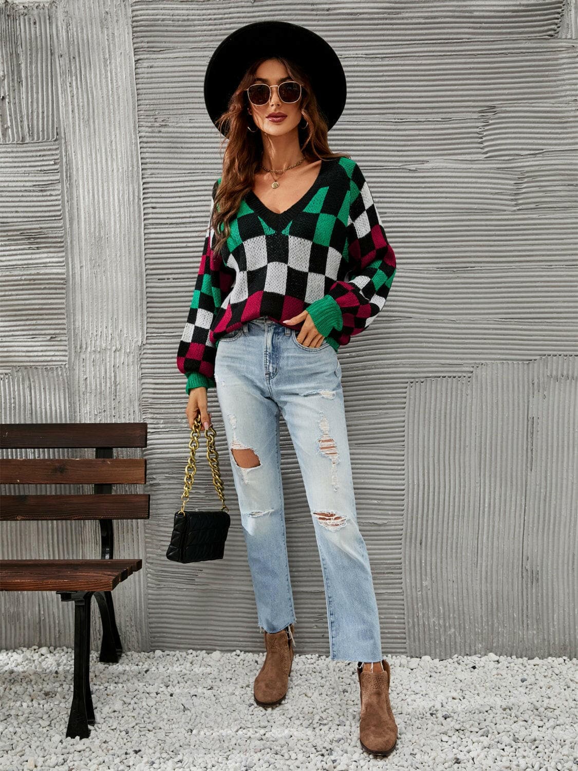 Checkered V-Neck Lantern Sleeve Sweater.