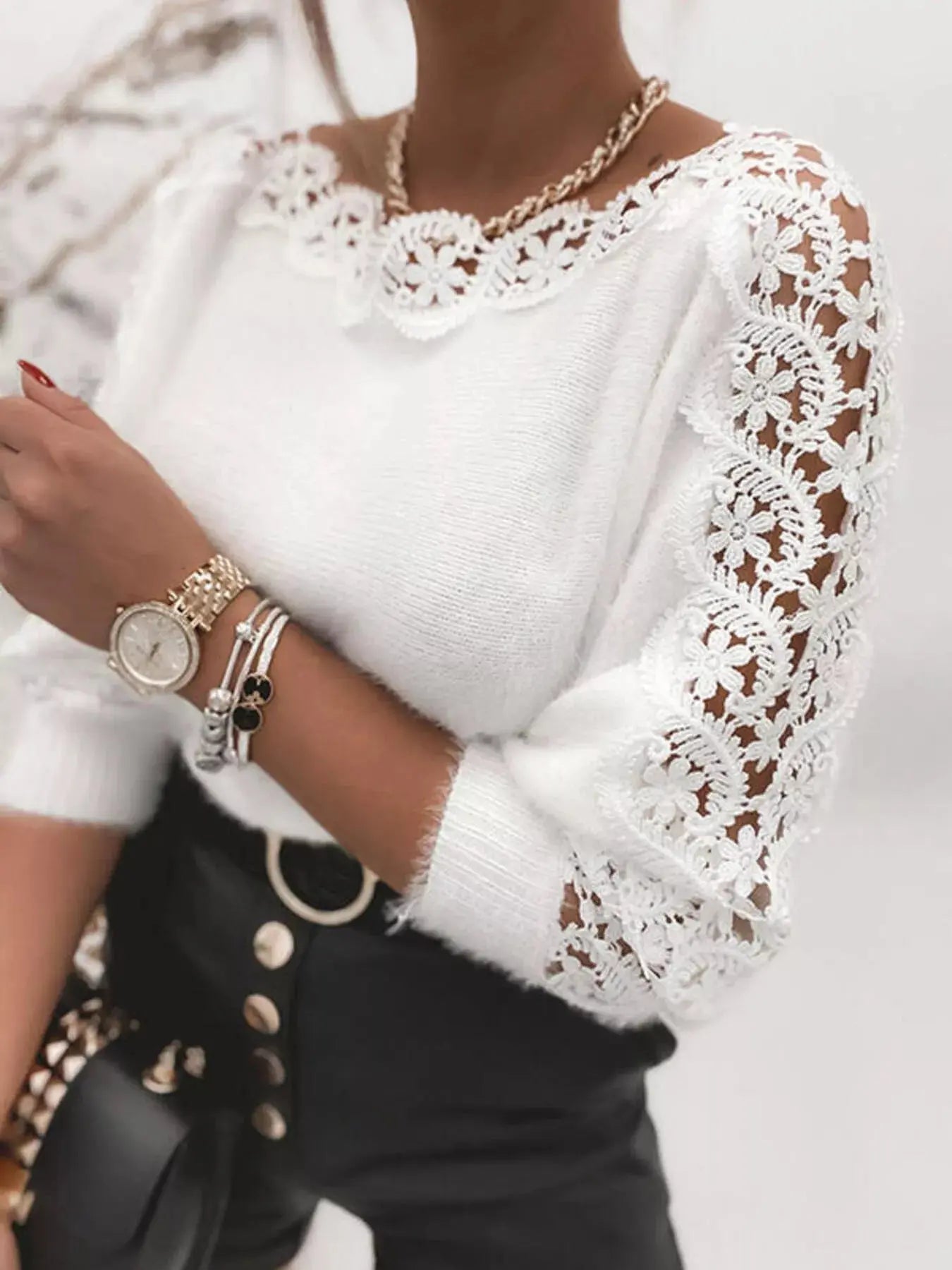 Lace Trim Round Neck Sweater Simply Love