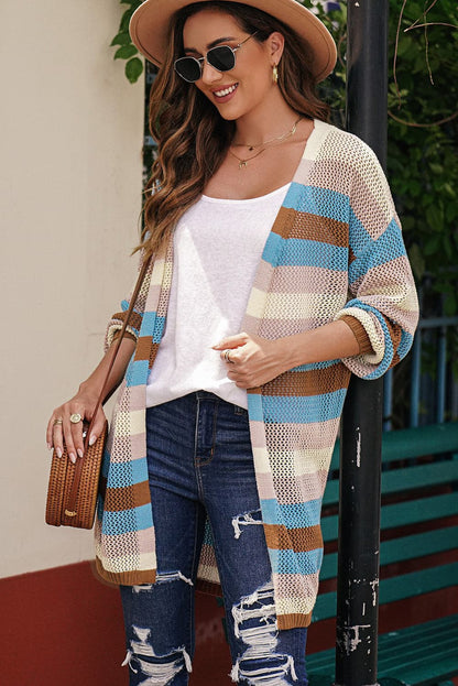 Full Size Striped Long Sleeve Openwork Cardigan.