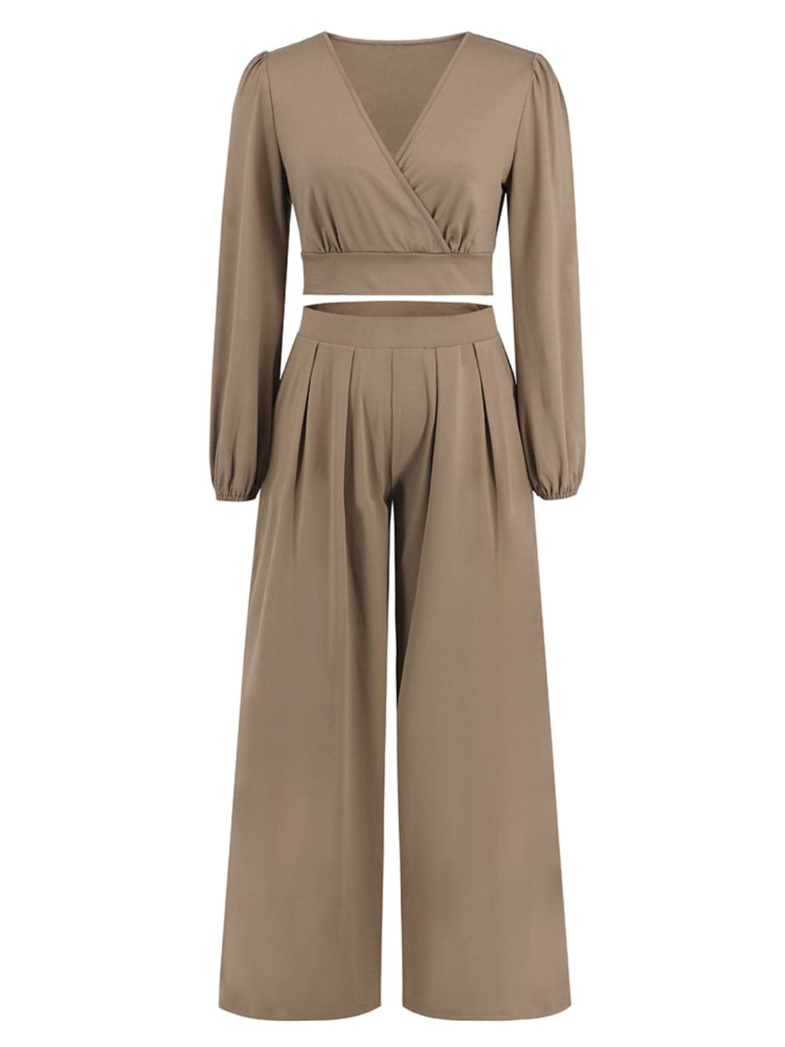 Surplice Top and Wide Leg Pants Set.