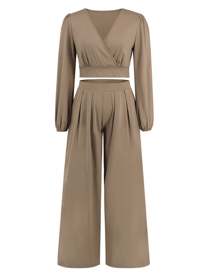 Surplice Top and Wide Leg Pants Set.