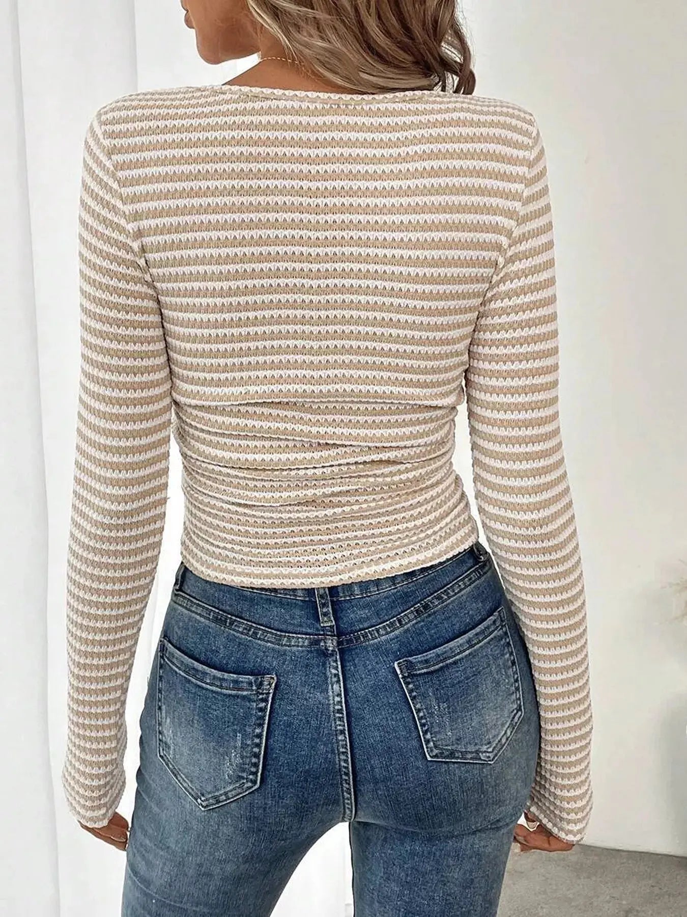 Striped Square Neck Knit Top Long Sleeve Lightweight Viscose Blend For Women Simply Love