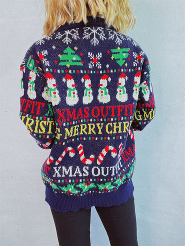 Festive Christmas print long sleeve sweater with round neck