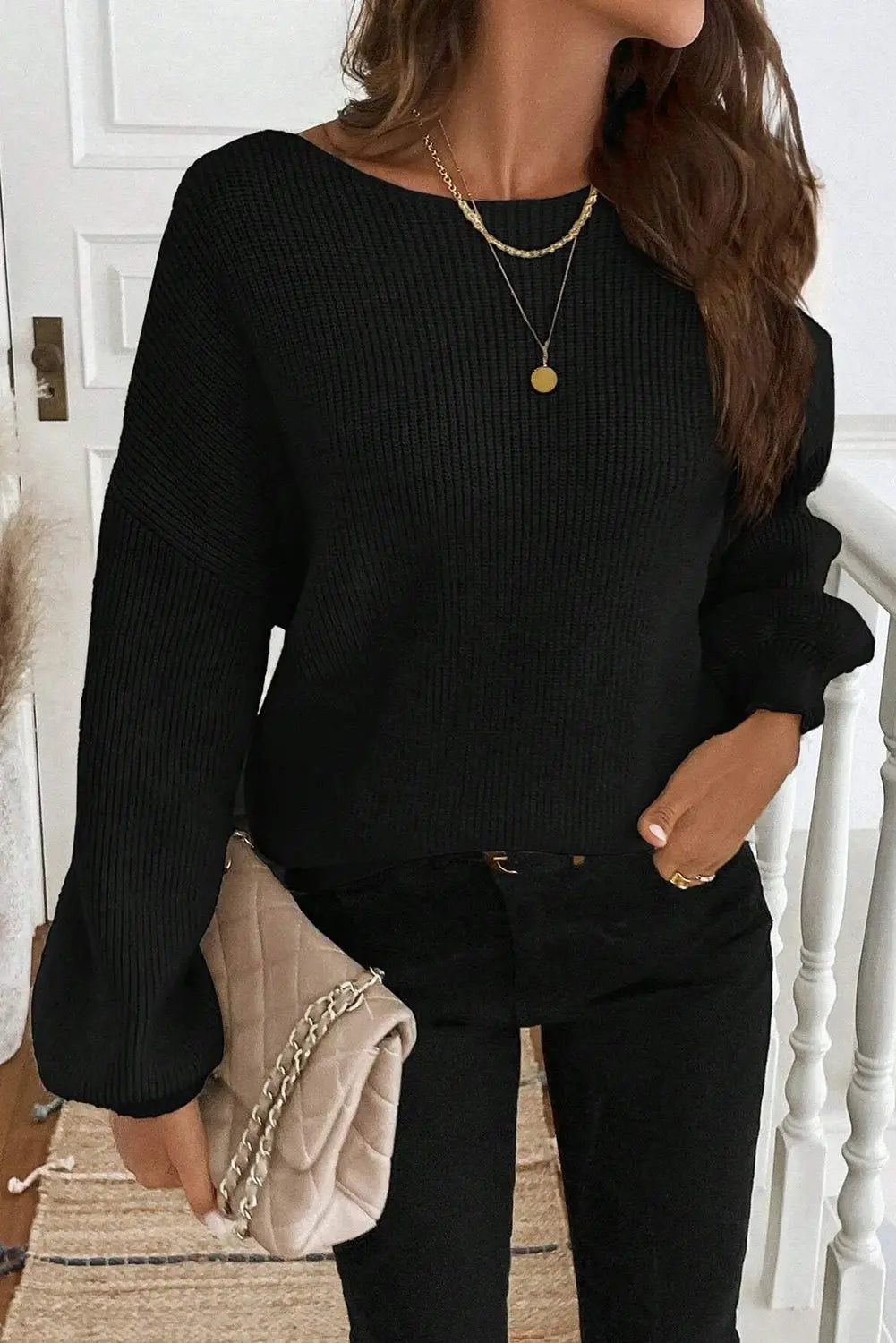 Black Ribbed Knit Backless Knot Drop Shoulder Sweater Dear-Lover Dropshipping