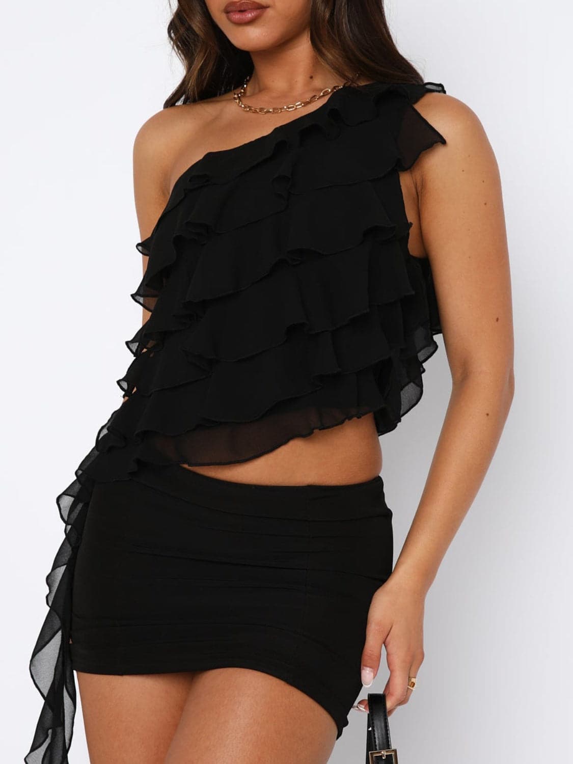 Layered Ruffled One Shoulder Tank.