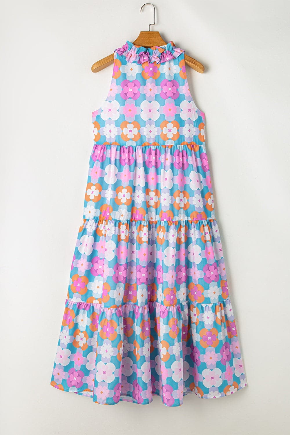 Frill Printed Notched Sleeveless Dress.