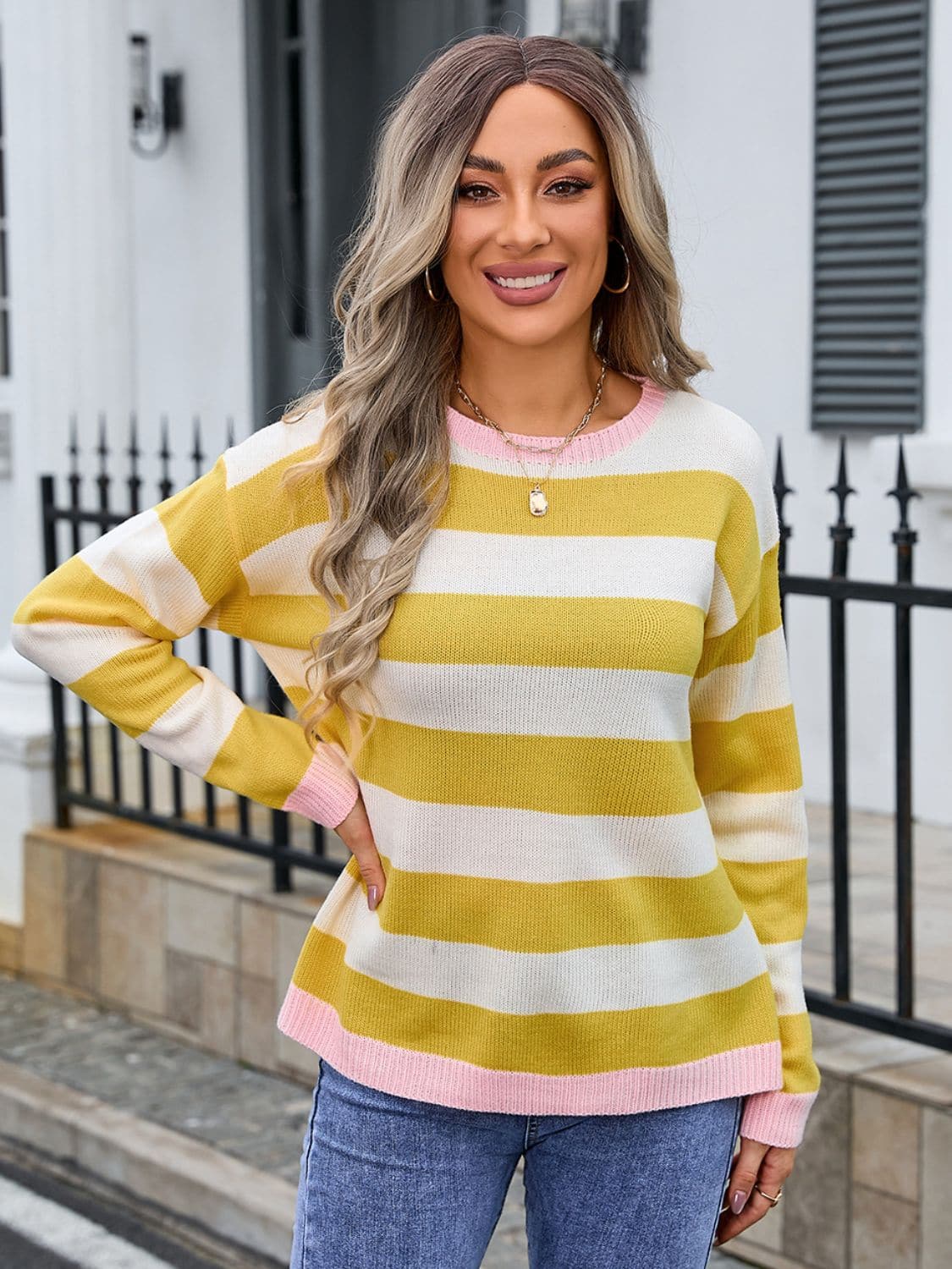 Striped Round Neck Dropped Shoulder Sweater.