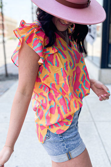 Vibrant orange abstract ruffled sleeve blouse with V neck