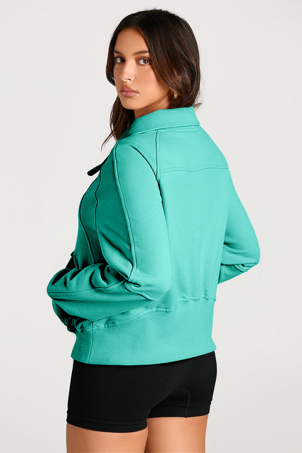 Aruba blue casual quarter zip sweatshirt with kangaroo pocket