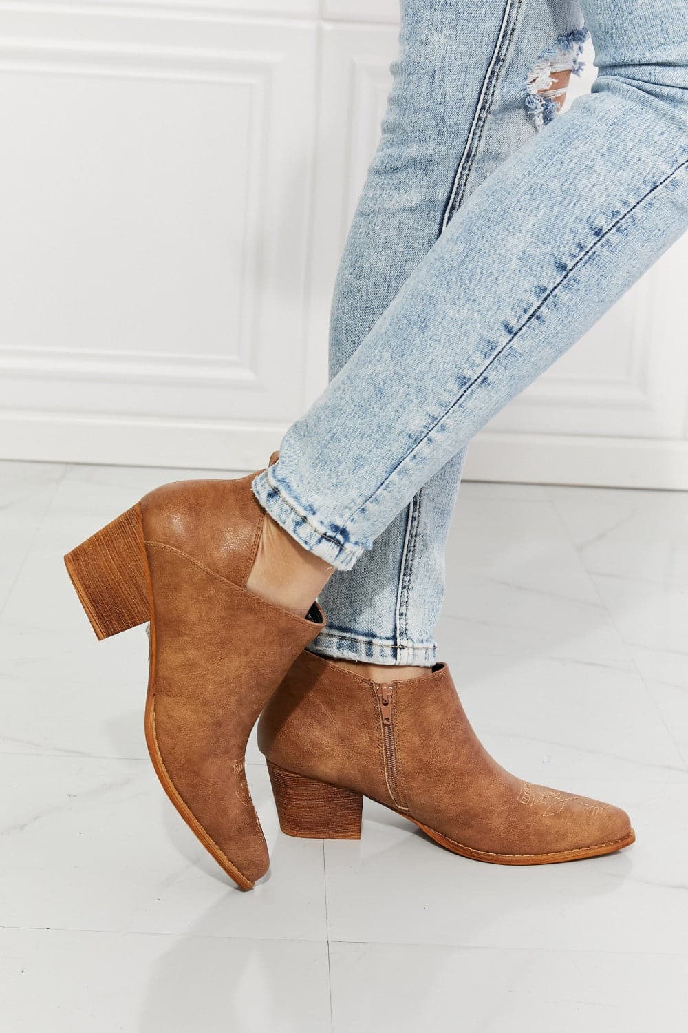 MMShoes Trust Yourself Embroidered Crossover Cowboy Bootie in Caramel.